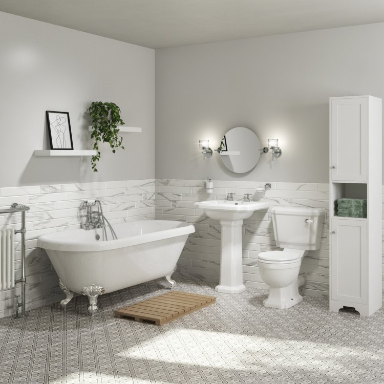 GRADE A1 - Traditional Tall Boy Bathroom Cabinet - Doors & Shelves - Matt White - Baxenden