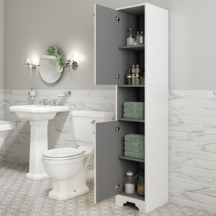 GRADE A1 - Traditional Tall Boy Bathroom Cabinet - Doors & Shelves - Matt White - Baxenden
