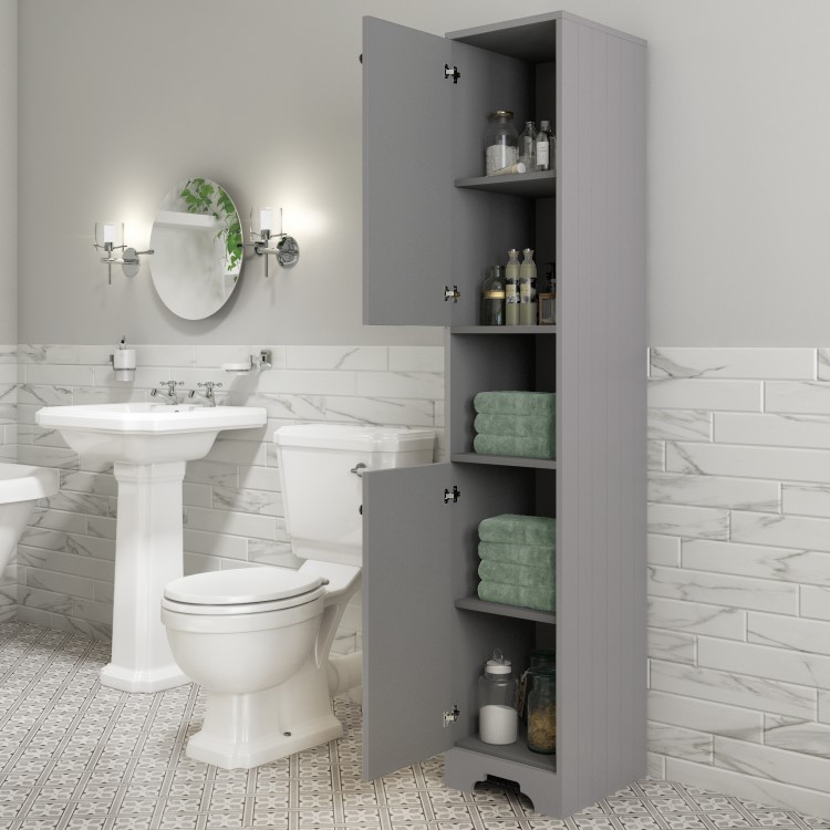 GRADE A1 - Traditional Tall Boy Bathroom Cabinet - Doors & Shelves - Matt Grey - Baxenden