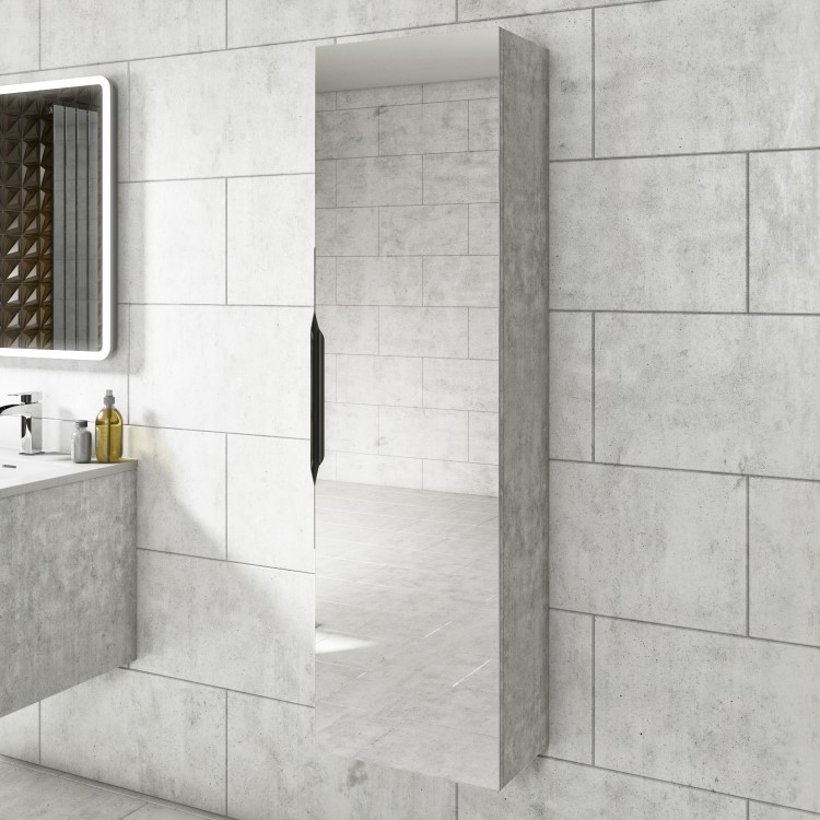 GRADE A1 - 400mm Concrete Mirrored Wall Mounted Tall Bathroom Cabinet - Sion