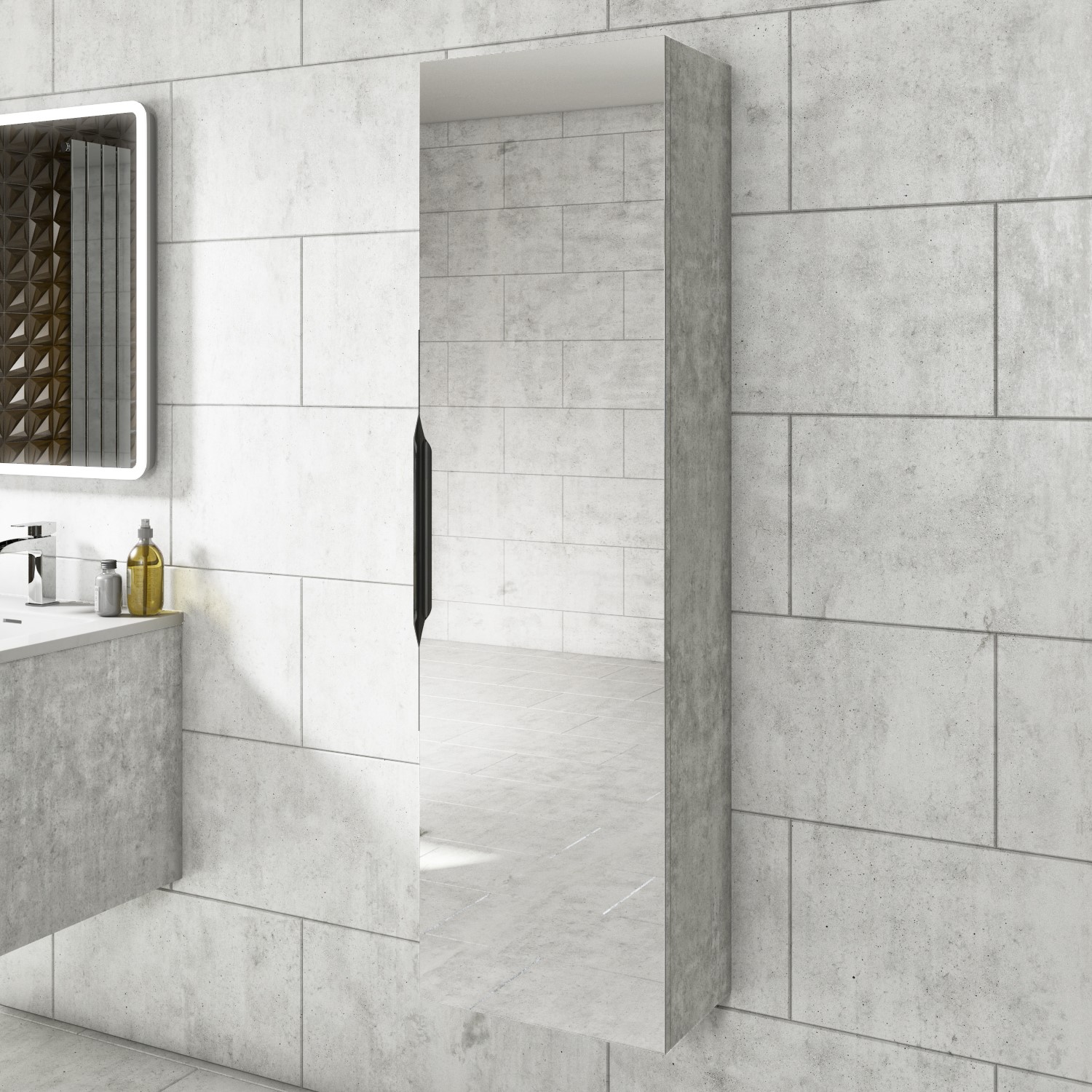 Grade A1 400mm Concrete Mirrored Wall, Bathroom Tall Cabinet With Mirror