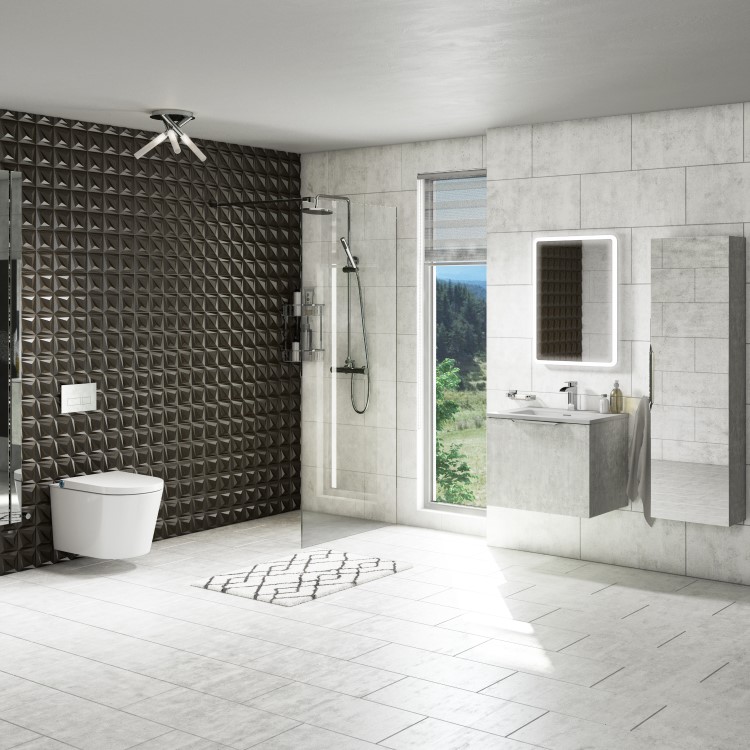 GRADE A1 - 400mm Concrete Mirrored Wall Mounted Tall Bathroom Cabinet - Sion