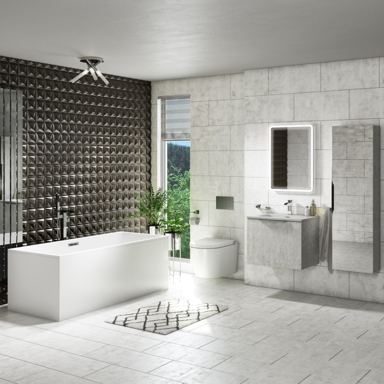 GRADE A1 - 400mm Concrete Mirrored Wall Mounted Tall Bathroom Cabinet - Sion