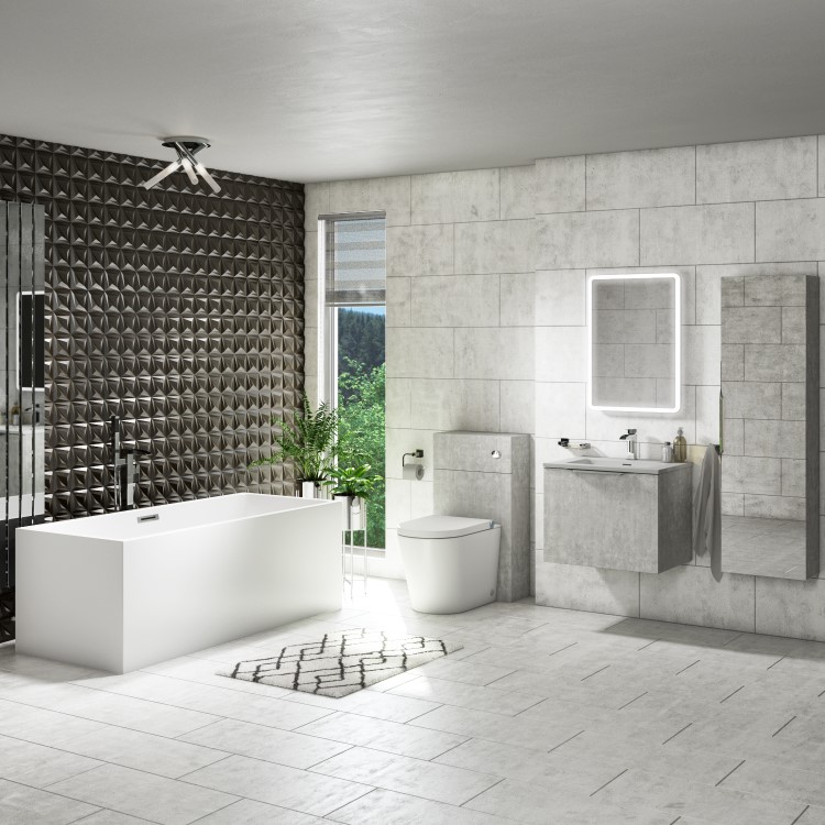 GRADE A1 - 400mm Concrete Mirrored Wall Mounted Tall Bathroom Cabinet - Sion