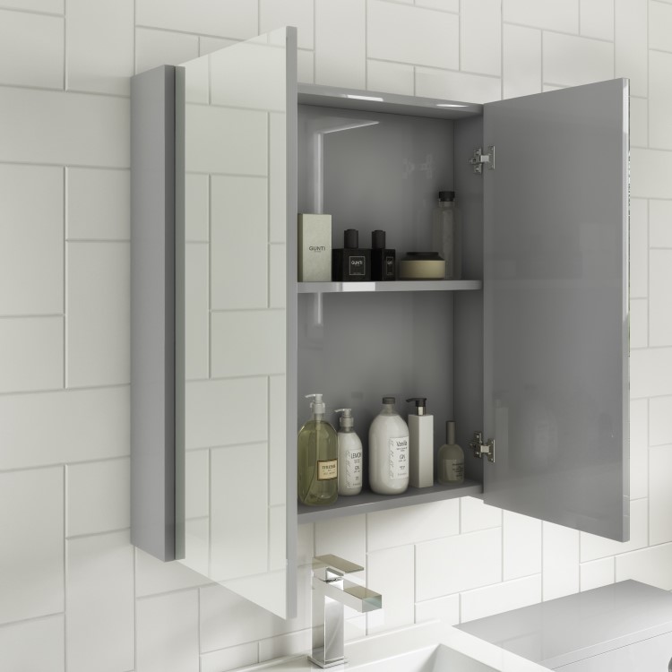 Grey 2 Door Mirrored Bathroom Cabinet 600 x 650mm - Ashford