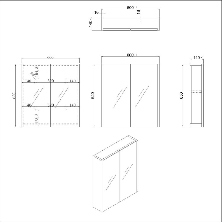 Grey 2 Door Mirrored Bathroom Cabinet 600 x 650mm - Ashford