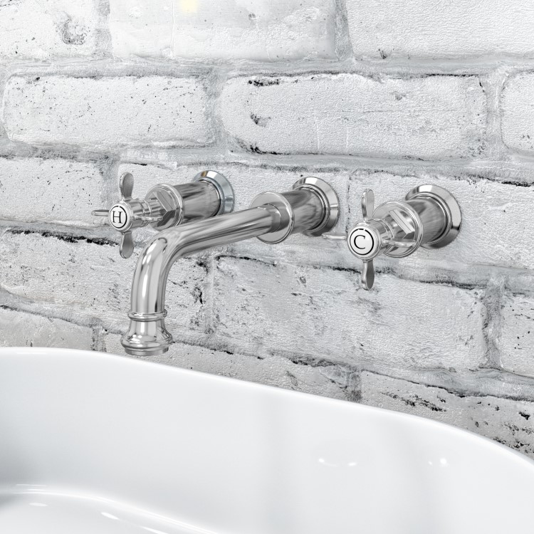 Wall Mounted Chrome Double Lever Basin Mixer Tap - Camden