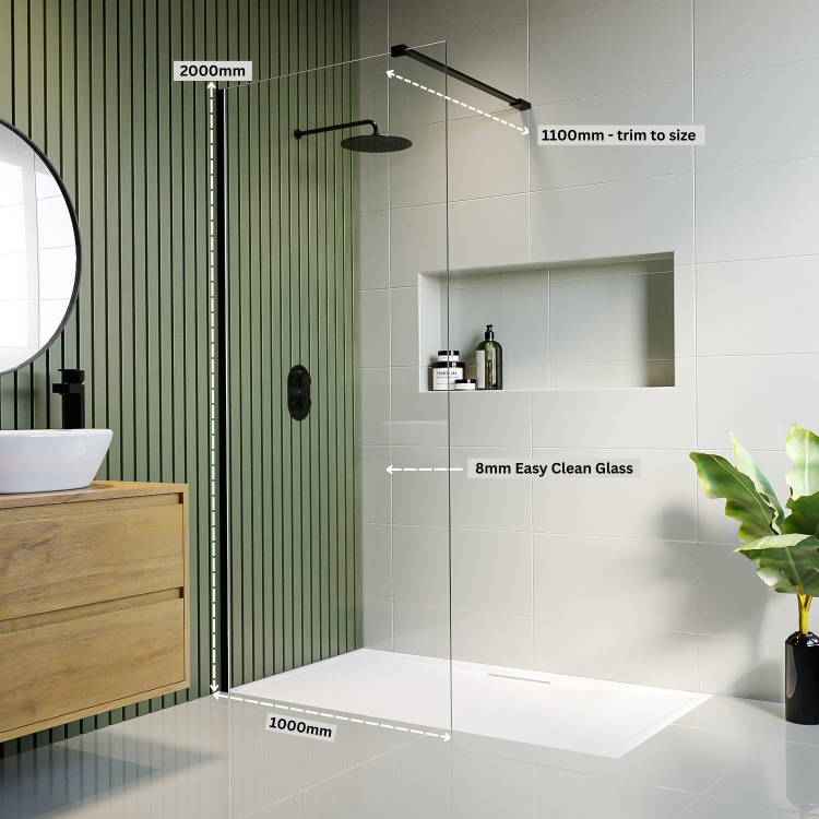 GRADE A1 - Matt Black Wetroom Panel 1000mm 8mm Glass - Corvus Range