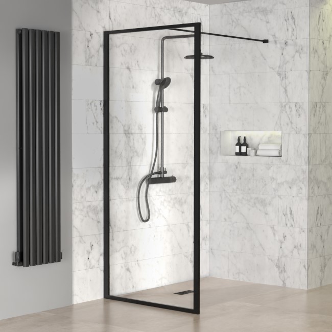 GRADE A1 - Black 1200mm Framed Wet Room Shower Screen with Wall Support Bar - Zolla