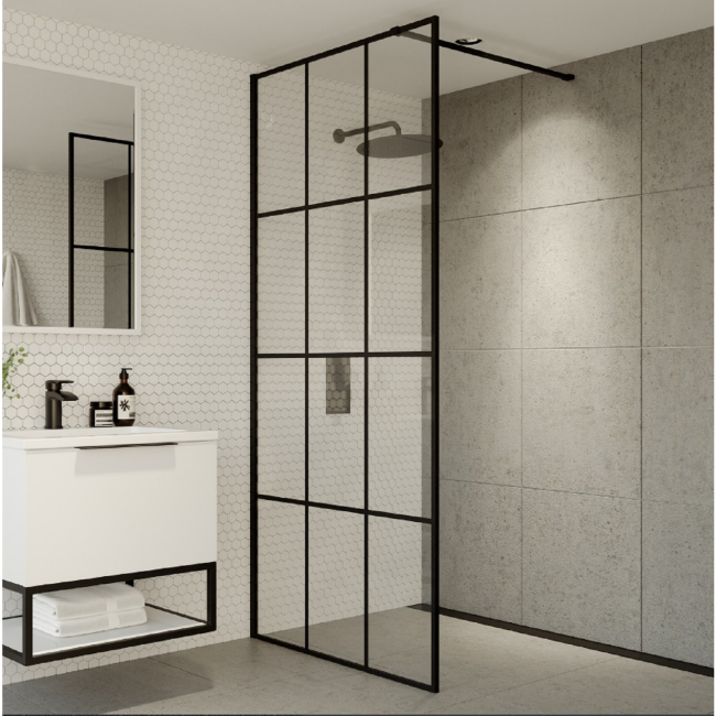 GRADE A1 - Black 900 Grid Wet Room Shower Screen with Wall Support Bar - Nova
