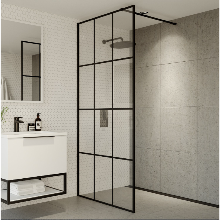 GRADE A1 - Black 900 Grid Wet Room Shower Screen with Wall Support Bar - Nova