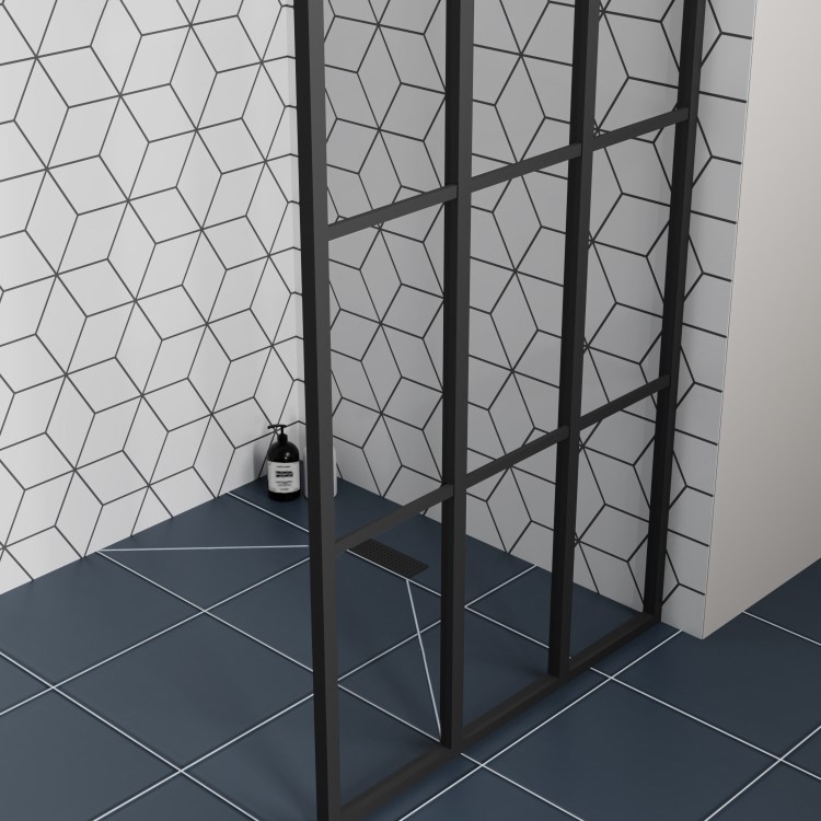 GRADE A1 - Black 900 Grid Wet Room Shower Screen with Wall Support Bar - Nova