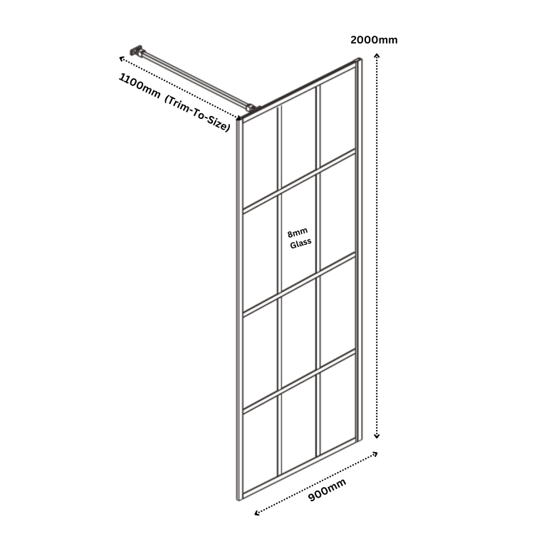 900mm Black Grid Shower Screen for Wet Room & Walk In Shower - Nova