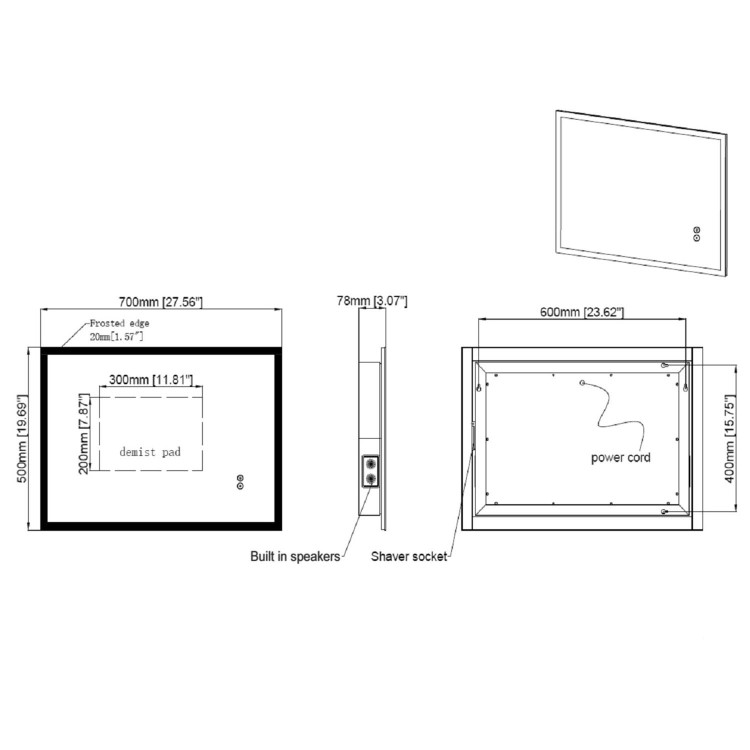 GRADE A1 - LED Bathroom Mirror with Bluetooth & Shaver Socket 700 x 500mm - Divine
