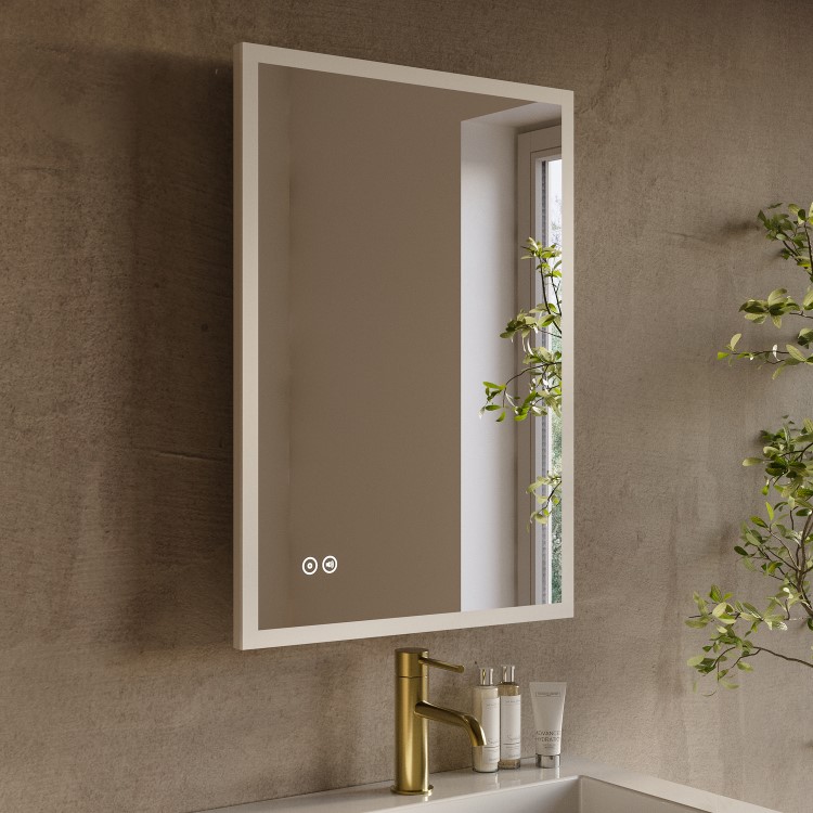 Rectangular Heated Bathroom Mirror with Lights Shaver Socket & Bluetooth Speaker 700 x 500mm - Divine