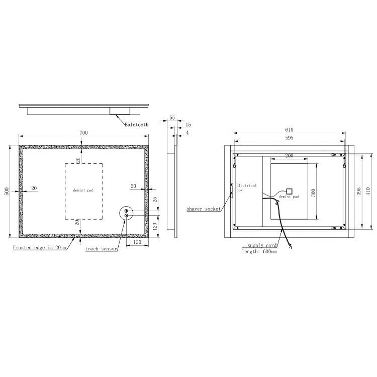 Rectangular Heated Bathroom Mirror with Lights Shaver Socket & Bluetooth Speaker 700 x 500mm - Divine