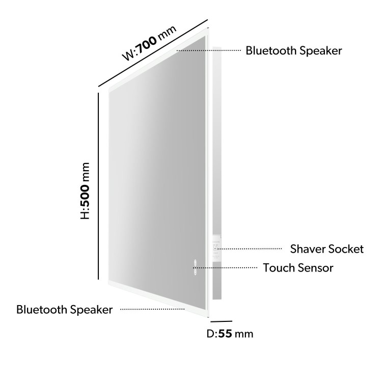 Rectangular Heated Bathroom Mirror with Lights Shaver Socket & Bluetooth Speaker 700 x 500mm - Divine
