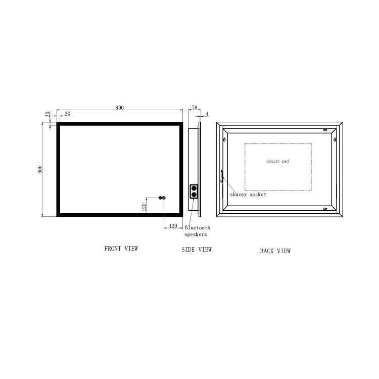 ONLY OPENED - Rectangular LED Bathroom Mirror with Bluetooth & Shaver Socket 800 x 600mm - Divine