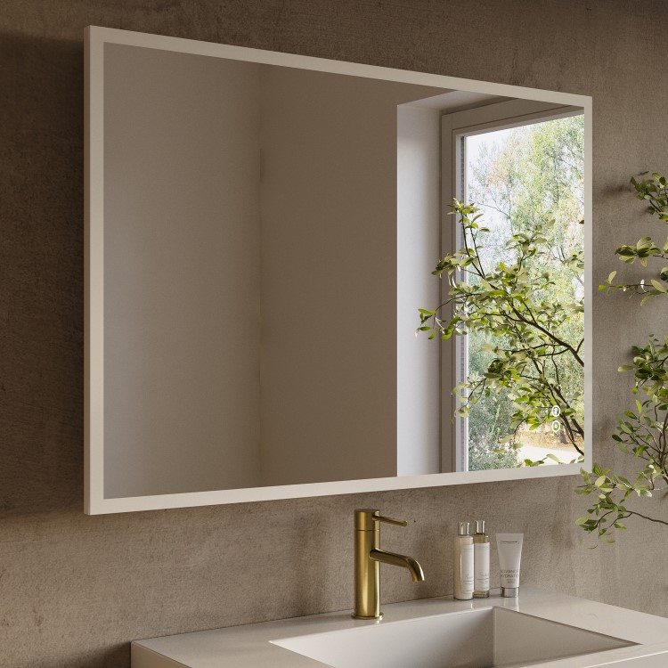Rectangular Heated Bathroom Mirror with Lights Shaver Socket & Bluetooth Speaker 1000 x 700mm - Divine