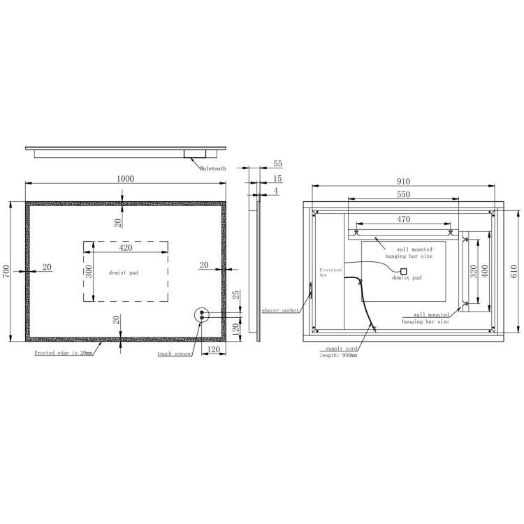 Rectangular Heated Bathroom Mirror with Lights Shaver Socket & Bluetooth Speaker 1000 x 700mm - Divine