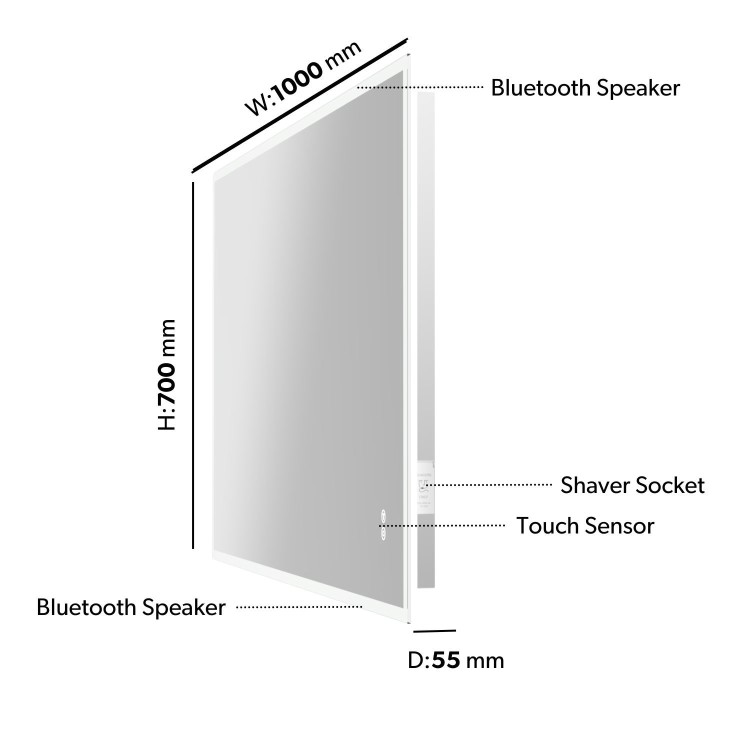 Rectangular Heated Bathroom Mirror with Lights Shaver Socket & Bluetooth Speaker 1000 x 700mm - Divine