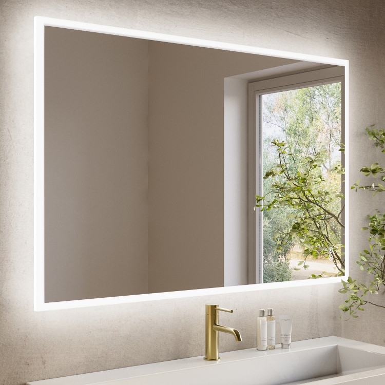 Rectangular Heated Bathroom Mirror with Lights Shaver Socket & Bluetooth Speaker 1200 x 800mm - Divine
