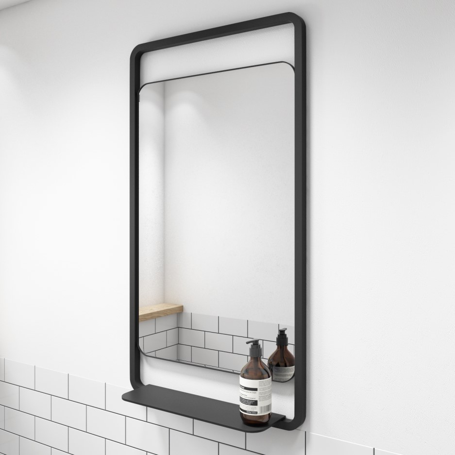 GRADE A1 Nero Matt Black Frame Mirror with Shelf 500 x 900mm