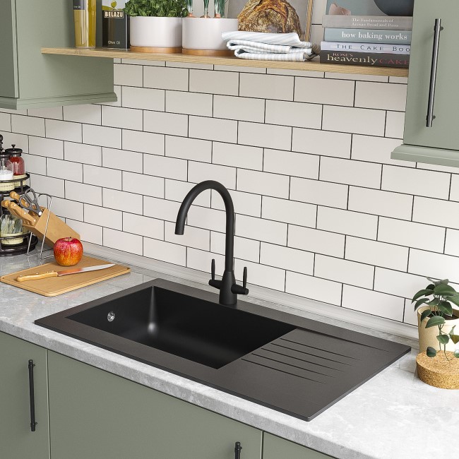 Single Bowl Black Composite Kitchen Sink with Reversible Drainer - Essence Amelia