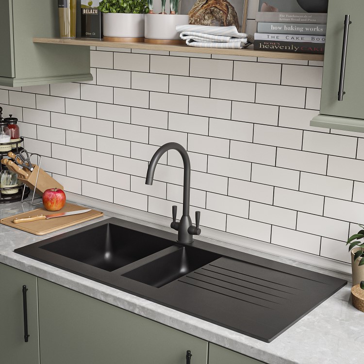 GRADE A2 - Essence Amelia 1.5 Bowl Black Composite Kitchen Sink with Reversible Drainer