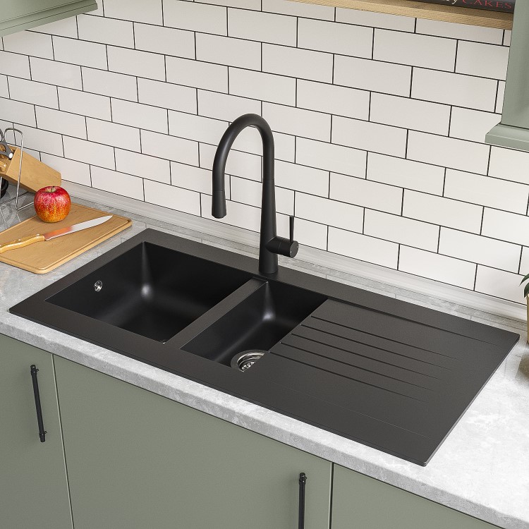 1.5 Bowl Inset Black Composite Kitchen Sink with Reversible Drainer - Essence Amelia