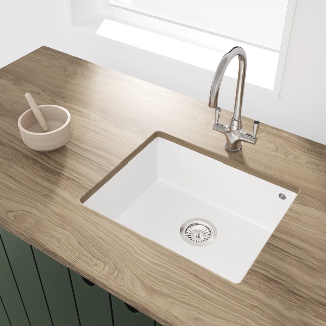 GRADE A1 - Box Opened Enza Madison Single Bowl Undermount White Composite Granite Kitchen Sink