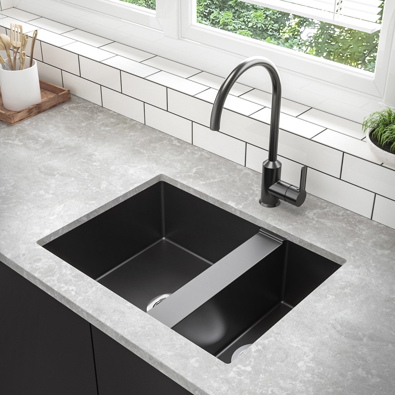 1.5 Bowl Undermount Black Granite Composite Kitchen Sink Reversible