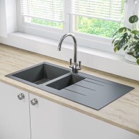 1.5 Bowl Inset Grey Composite Kitchen Sink with Reversible Drainer - Enza Madison 1.5 Bowl Inset Grey Composite Kitchen Sink with Reversible Drainer - Enza Madison