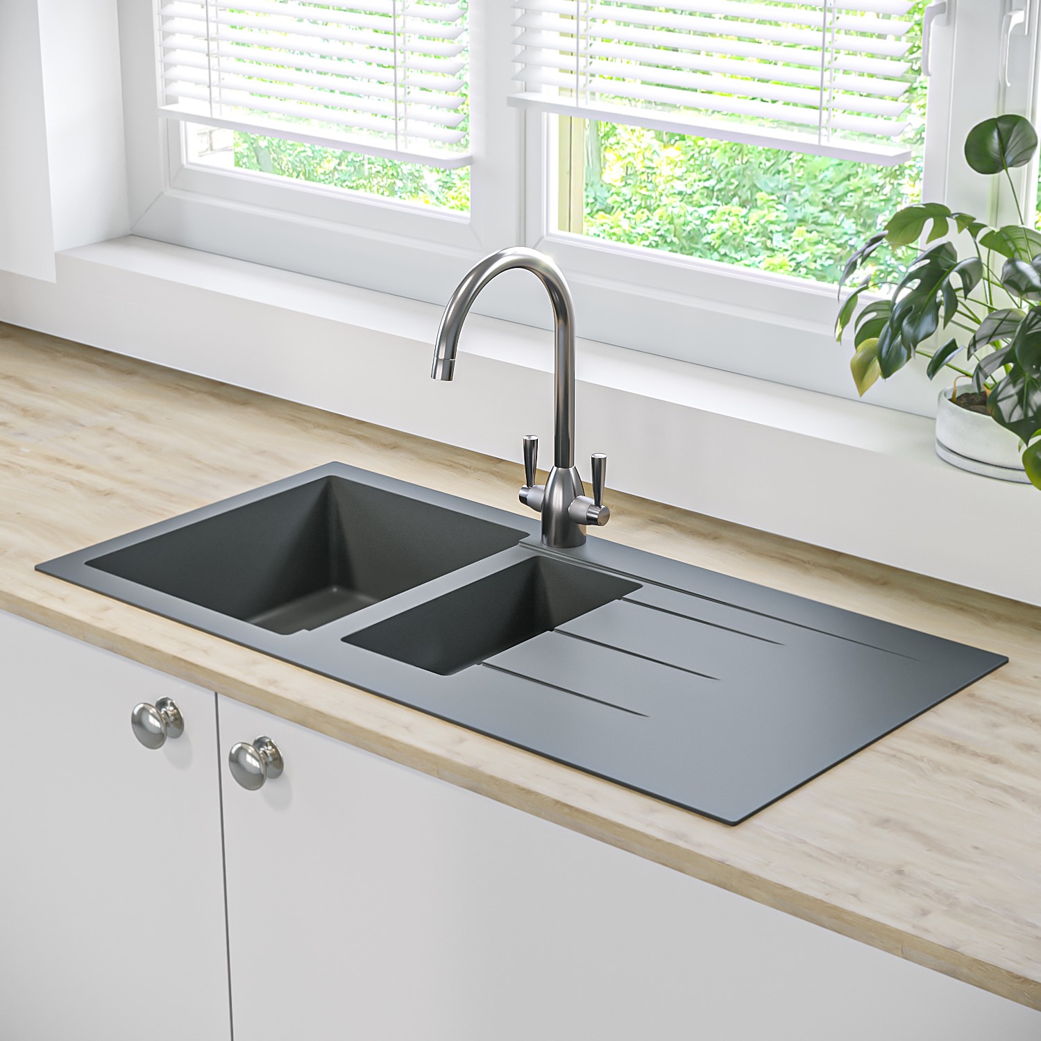 1.5 Bowl Inset Grey Granite Composite Kitchen Sink Enza Madison
