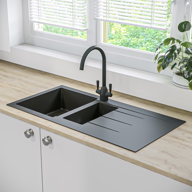 1.5 Bowl Inset Black Composite Kitchen Sink with Reversible Drainer - Enza Madison