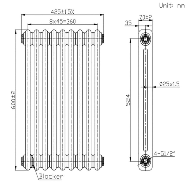 Nambi 2 Column Traditional Radiator - 600mm x 423mm - Gloss White