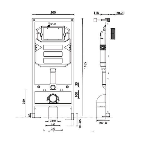 GRADE A1 - 1180mm Wall Mounted WC Frame with Dual Flush Cistern