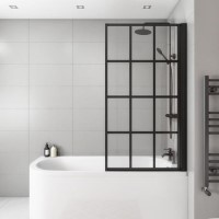 GRADE A1 - Nova Black Grid Bath Shower Screen 800mm - Right Hand 