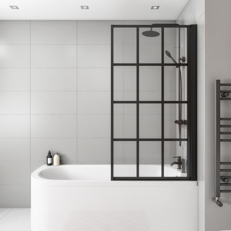 GRADE A1 - Nova Black Grid Bath Shower Screen 800mm - Right Hand 