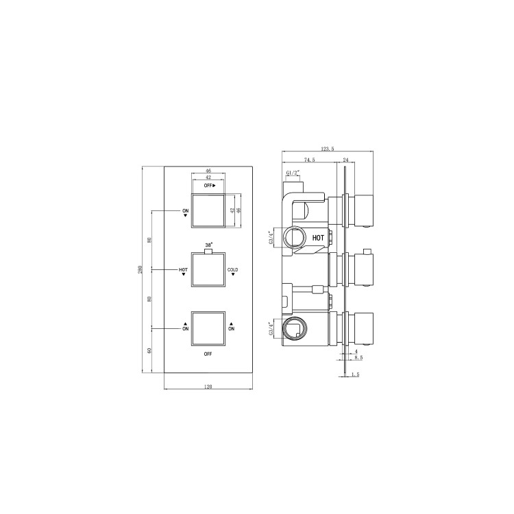 Cube square triple shower valve with diverter - 3 outlets
