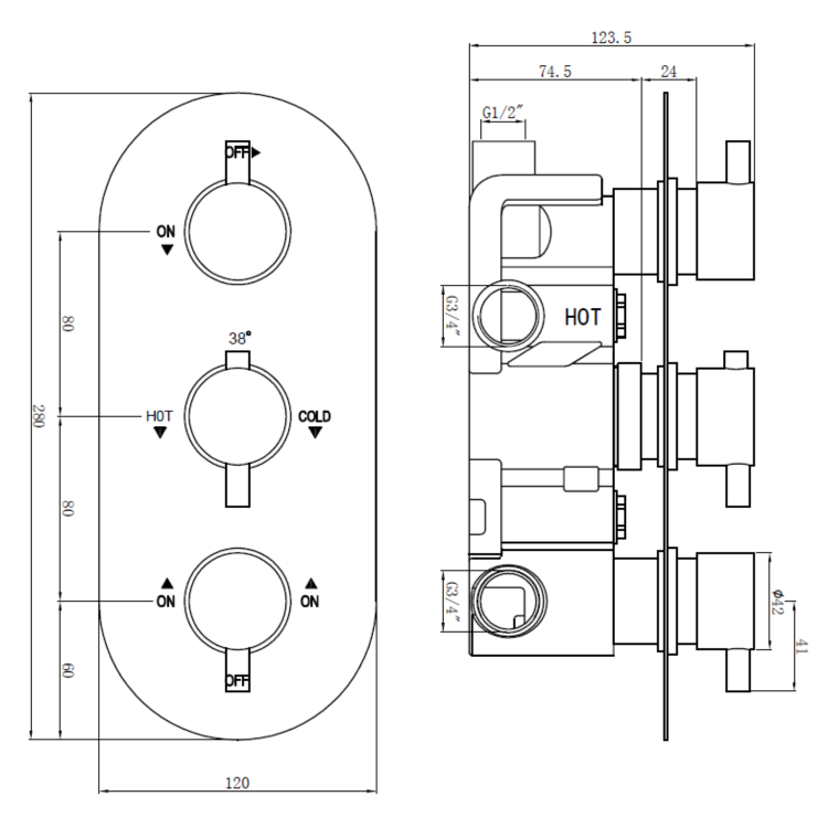 Chrome 3 Outlet Triple Handle Thermostatic Concealed Shower Valve - Arissa
