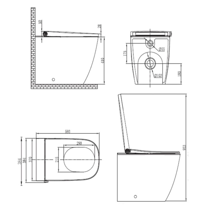 GRADE A1 - Back to Wall Smart Bidet Toilet Square - Purificare