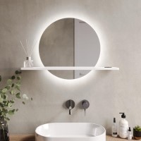Round Backlit Heated Bathroom Mirror with Lights & White Shelf 500mm - Ersa Round Backlit Heated Bathroom Mirror with Lights & White Shelf 500mm - Ersa