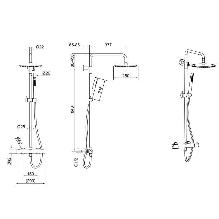 Thermostatic Mixer Bar Shower with Round Overhead & Pencil Hand Shower - Arissa