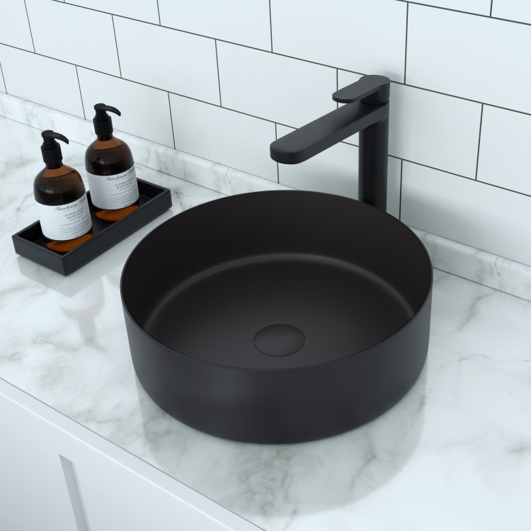 GRADE A1 - Stainless Steel Black Round Countertop Basin 400mm - Zorah