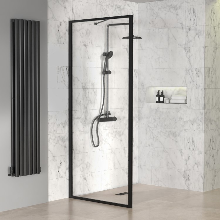 GRADE A1 - Black 700mm Framed Wet Room Shower Screen with Wall Support Bar - Zolla