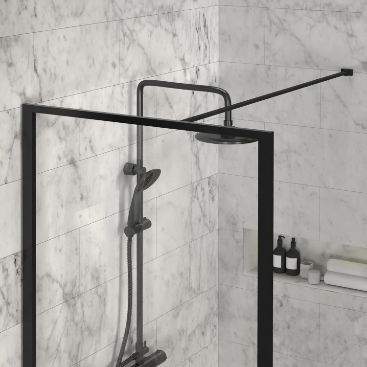 GRADE A1 - Black 700mm Framed Wet Room Shower Screen with Wall Support Bar - Zolla
