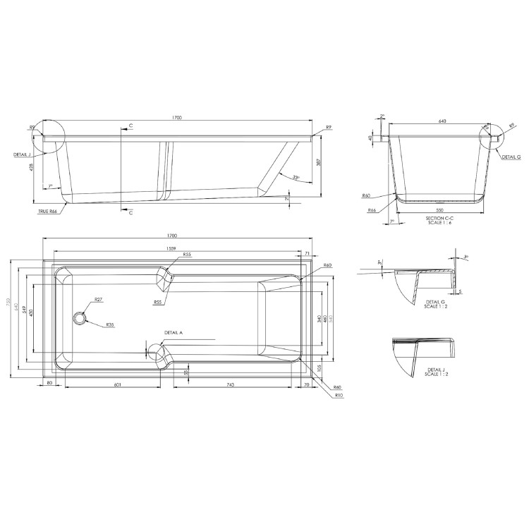 ALMOST PERFECT - Single Ended Wide End Shower Bath 1700 x 750mm - Cotswold