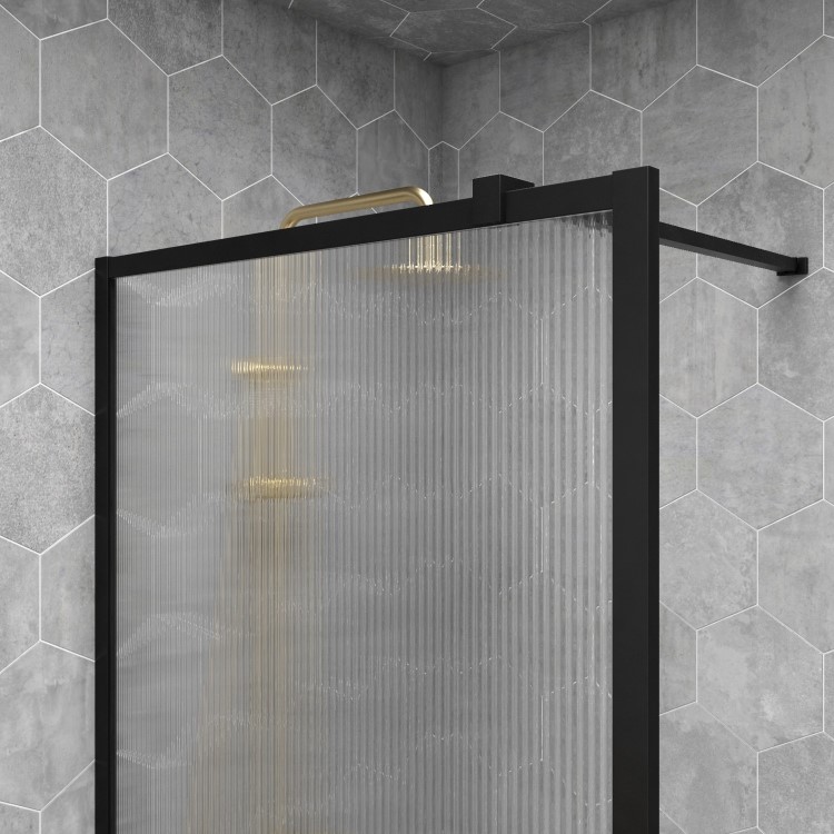 GRADE A1 - 700mm Black Fluted Glass Wet Room Shower Screen - Volan