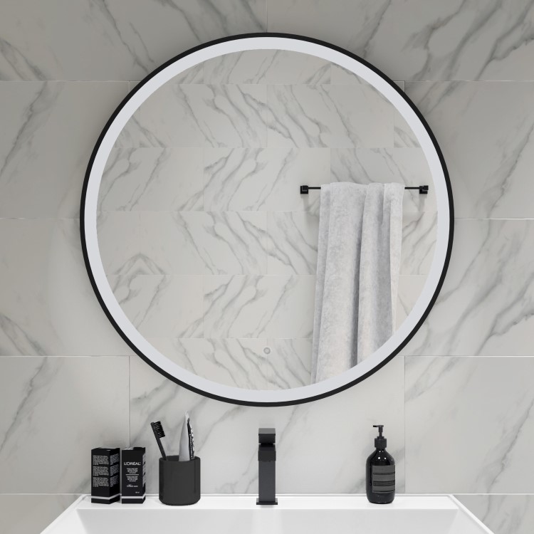 GRADE A1 - Round Black LED Bathroom Mirror with Demister 800mm -Antares 